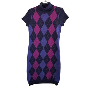 Stile Benetton Argyle Knit Dress Sz M Wool Blend Sweater Turtleneck Academia Y2K